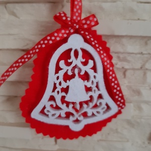 Filc karácsonyi dísz szett - kockás és pöttyös harangok - karácsony - karácsonyi lakásdekoráció - karácsonyfadíszek - Meska.hu