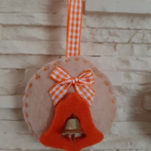 Filc karácsonyi dísz szett - natúr és narancssárga fenyőfa és harang - karácsony - karácsonyi lakásdekoráció - karácsonyfadíszek - Meska.hu