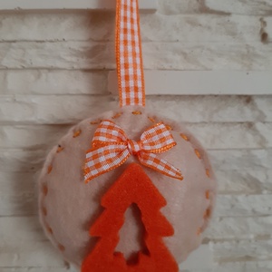 Filc karácsonyi dísz szett - natúr és narancssárga fenyőfa és harang - karácsony - karácsonyi lakásdekoráció - karácsonyfadíszek - Meska.hu