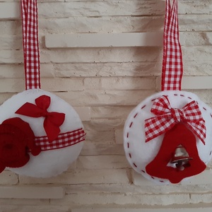 Filc karácsonyi dísz szett - piros kockás, macikás és csengős - karácsony - karácsonyi lakásdekoráció - karácsonyfadíszek - Meska.hu