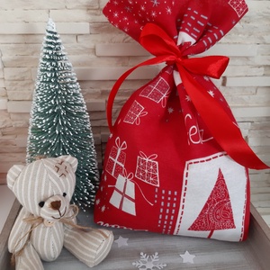Mikulás zsák - piros, bézs és szürke kari mintával - karácsony - mikulás - mikulás zsák, zokni, csizma - Meska.hu