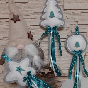 Filc téli trió - türkiz és szürke, fenyőfás szett, pöttyös szalaggal - karácsony - karácsonyi lakásdekoráció - karácsonyfadíszek - Meska.hu