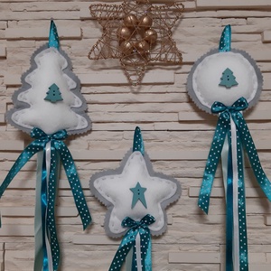 Filc téli trió - türkiz és szürke, fenyőfás szett, pöttyös szalaggal - karácsony - karácsonyi lakásdekoráció - karácsonyfadíszek - Meska.hu