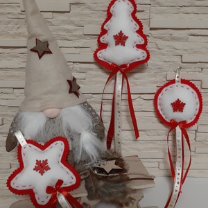 Filc téli trió - fehér-piros, csillagos szett, bézs, arany csillagos szalaggal - karácsony - karácsonyi lakásdekoráció - karácsonyfadíszek - Meska.hu