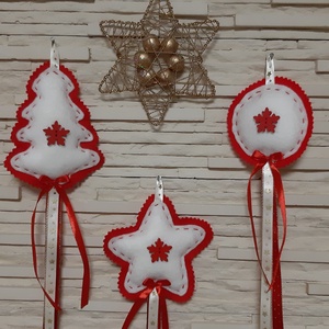 Filc téli trió - fehér-piros, csillagos szett, bézs, arany csillagos szalaggal - karácsony - karácsonyi lakásdekoráció - karácsonyfadíszek - Meska.hu