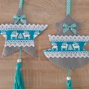 Filc téli duó - szürke és türkiz színvilágban, szarvasokkal - karácsony - karácsonyi lakásdekoráció - karácsonyfadíszek - Meska.hu