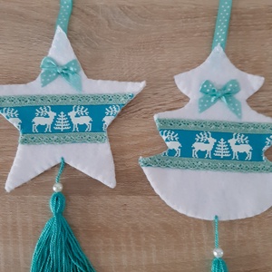 Filc téli duó - fehér és türkiz színvilágban, szarvasokkal - karácsony - karácsonyi lakásdekoráció - karácsonyfadíszek - Meska.hu