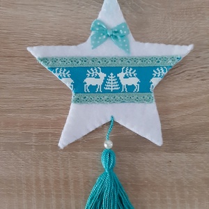 Filc téli duó - fehér és türkiz színvilágban, szarvasokkal - karácsony - karácsonyi lakásdekoráció - karácsonyfadíszek - Meska.hu