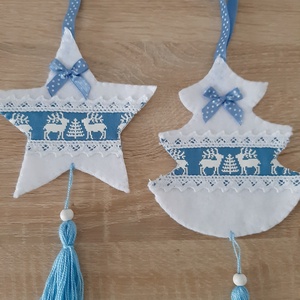 Filc téli duó - fehér és kék színvilágban, szarvasokkal - karácsony - karácsonyi lakásdekoráció - karácsonyfadíszek - Meska.hu