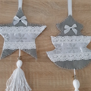 Filc téli duó - szürke és fehér színvilágban, hópelyhekkel - karácsony - karácsonyi lakásdekoráció - karácsonyfadíszek - Meska.hu