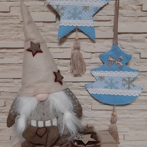 Filc téli duó - kék és barna színvilágban, hópelyhekkel - karácsony - karácsonyi lakásdekoráció - karácsonyfadíszek - Meska.hu