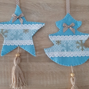 Filc téli duó - kék és barna színvilágban, hópelyhekkel - karácsony - karácsonyi lakásdekoráció - karácsonyfadíszek - Meska.hu