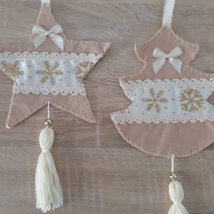 Filc téli duó - bézs és barna színvilágban, arany hópelyhekkel - karácsony - karácsonyi lakásdekoráció - karácsonyfadíszek - Meska.hu