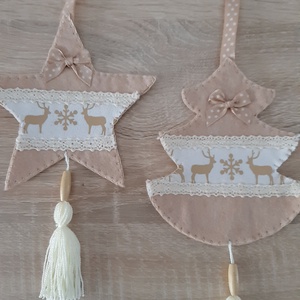 Filc téli duó - bézs és barna színvilágban, rénszarvasokkal - karácsony - karácsonyi lakásdekoráció - karácsonyfadíszek - Meska.hu
