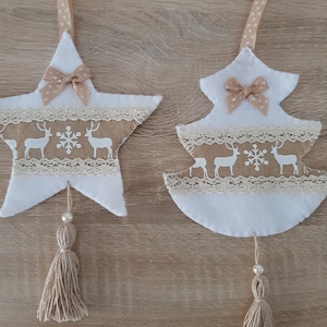 Filc téli duó - fehér és világosbarna színvilágban, rénszarvasokkal - karácsony - karácsonyi lakásdekoráció - karácsonyfadíszek - Meska.hu