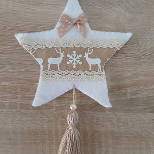 Filc téli duó - fehér és világosbarna színvilágban, rénszarvasokkal - karácsony - karácsonyi lakásdekoráció - karácsonyfadíszek - Meska.hu