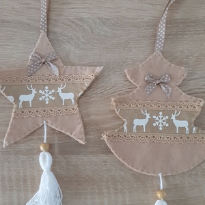 Filc téli duó - világosbarna és fehér színvilágban, rénszarvasokkal - karácsony - karácsonyi lakásdekoráció - karácsonyfadíszek - Meska.hu