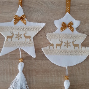 Filc téli duó - fehér és barna színvilágban, rénszarvasokkal - karácsony - karácsonyi lakásdekoráció - karácsonyfadíszek - Meska.hu