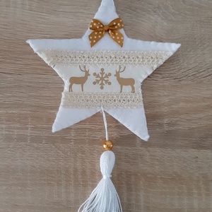 Filc téli duó - fehér és barna színvilágban, rénszarvasokkal - karácsony - karácsonyi lakásdekoráció - karácsonyfadíszek - Meska.hu