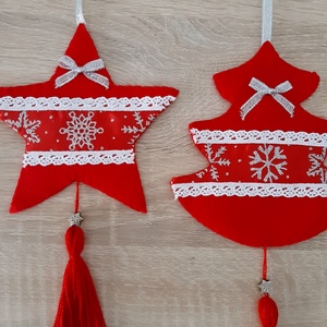 Filc téli duó - piros és fehér színvilágban, ezüst hópelyhekkel - karácsony - karácsonyi lakásdekoráció - karácsonyfadíszek - Meska.hu