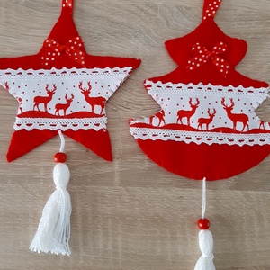 Filc téli duó - piros és fehér színvilágban, rénszarvasokkal - karácsony - karácsonyi lakásdekoráció - karácsonyfadíszek - Meska.hu