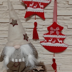 Filc téli duó - piros és fehér színvilágban, rénszarvasokkal - karácsony - karácsonyi lakásdekoráció - karácsonyfadíszek - Meska.hu