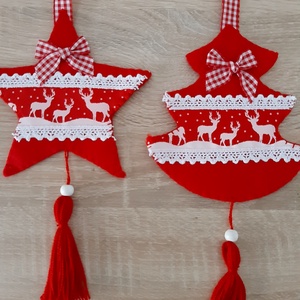 Filc téli duó - piros és fehér színvilágban, rénszarvasokkal - karácsony - karácsonyi lakásdekoráció - karácsonyfadíszek - Meska.hu