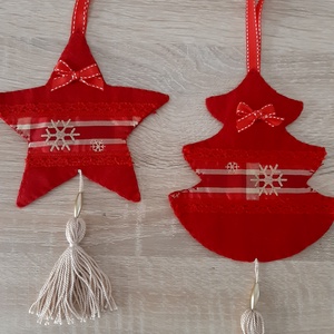 Filc téli duó - piros és világosbarna színvilágban, hópelyhekkel - karácsony - karácsonyi lakásdekoráció - karácsonyfadíszek - Meska.hu