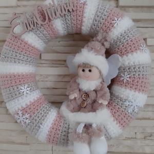 Téli, horgolt kopogtató pasztell színekben - rózsaszín, angyalkás - otthon & életmód - dekoráció - ajtó- és ablak dekoráció - ajtódísz & kopogtató - Meska.hu