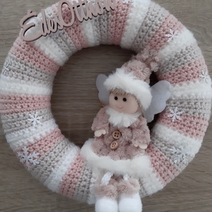 Téli, horgolt kopogtató pasztell színekben - rózsaszín, angyalkás - otthon & életmód - dekoráció - ajtó- és ablak dekoráció - ajtódísz & kopogtató - Meska.hu