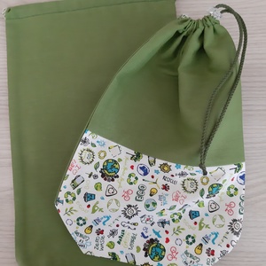 Bármitartó zsákocska szett - környezetvédelem mintás, sötétzöld színvilágban - táska & tok - bevásárlás & shopper táska - shopper, textiltáska, szatyor - Meska.hu