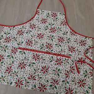 Ünnepi kötény hölgyeknek - mikulásvirág klasszikus ünnepi színvilágban, Otthon & Életmód, Konyhafelszerelés, tálalás, Konyhai textil, Kötény, Varrás, MESKA