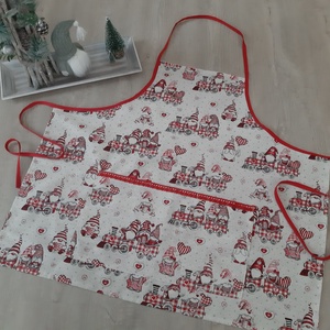 Ünnepi kötény hölgyeknek - vonatozó manók, piros és bézs  színvilágban, Otthon & Életmód, Konyhafelszerelés, tálalás, Konyhai textil, Kötény, Varrás, MESKA