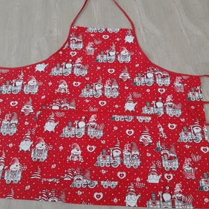 Ünnepi kötény hölgyeknek - vonatozó manók, piros színvilágban, Otthon & Életmód, Konyhafelszerelés, tálalás, Konyhai textil, Kötény, Varrás, MESKA