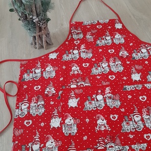 Ünnepi kötény hölgyeknek - vonatozó manók, piros színvilágban - otthon & életmód - konyhafelszerelés, tálalás - konyhai textil - kötény - Meska.hu