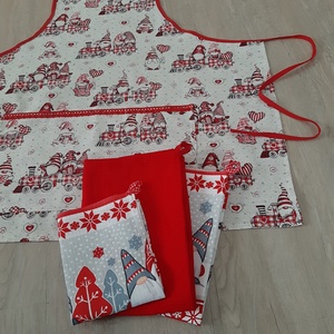 Ünnepi konyhai szett hölgyeknek - vonatozó manók, bézs és piros színvilágban, Otthon & Életmód, Konyhafelszerelés, tálalás, Konyhai textil, Kötény, Varrás, MESKA