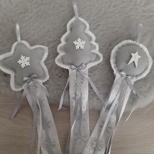 Filc téli trió - szürke, hópelyhes szett, ezüst hópelyhes szalaggal, Karácsony, Karácsonyi lakásdekoráció, Karácsonyfadíszek, Mindenmás, Varrás, MESKA