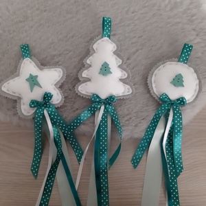 Filc téli trió - türkiz és szürke, fenyőfás szett, pöttyös szalaggal, Karácsony, Karácsonyi lakásdekoráció, Karácsonyfadíszek, Mindenmás, Varrás, MESKA