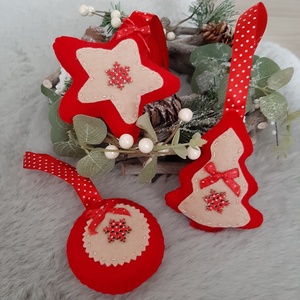 Filc karácsonyi dísz szett - pirosban, hópehellyel, Karácsony, Karácsonyi lakásdekoráció, Karácsonyfadíszek, Mindenmás, Varrás, MESKA