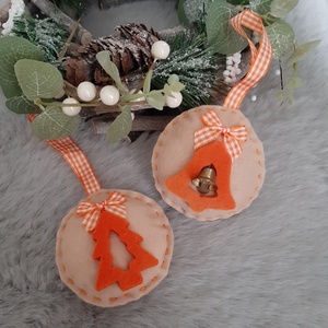 Filc karácsonyi dísz szett - natúr és narancssárga fenyőfa és harang, Karácsony, Karácsonyi lakásdekoráció, Karácsonyfadíszek, Mindenmás, Varrás, MESKA
