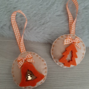 Filc karácsonyi dísz szett - natúr és narancssárga fenyőfa és harang - karácsony - karácsonyi lakásdekoráció - karácsonyfadíszek - Meska.hu