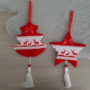 Filc téli duó - piros és fehér színvilágban, rénszarvasokkal, Karácsony, Karácsonyi lakásdekoráció, Karácsonyfadíszek, Mindenmás, Varrás, MESKA