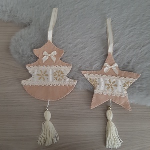 Filc téli duó - bézs és barna színvilágban, arany hópelyhekkel, Karácsony, Karácsonyi lakásdekoráció, Karácsonyfadíszek, Mindenmás, Varrás, MESKA