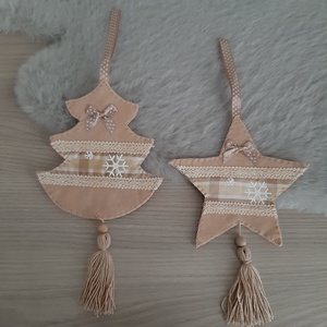 Filc téli duó - világosbarna színvilágban, hópelyhekkel, Karácsony, Karácsonyi lakásdekoráció, Karácsonyfadíszek, Mindenmás, Varrás, MESKA