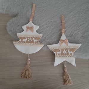 Filc téli duó - fehér és világosbarna színvilágban, rénszarvasokkal, Karácsony, Karácsonyi lakásdekoráció, Karácsonyfadíszek, Mindenmás, Varrás, MESKA