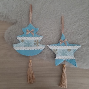 Filc téli duó - kék és barna színvilágban, hópelyhekkel, Karácsony, Karácsonyi lakásdekoráció, Karácsonyfadíszek, Mindenmás, Varrás, MESKA