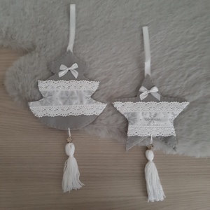 Filc téli duó - szürke és fehér színvilágban, hópelyhekkel, Karácsony, Karácsonyi lakásdekoráció, Karácsonyfadíszek, Mindenmás, Varrás, MESKA