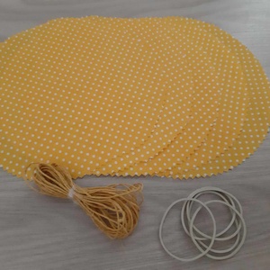 Befőttes tető szett - 5 db-os, napsárga, pötyis (barack) - otthon & életmód - konyhafelszerelés, tálalás - konyhai textil - edényfogó & edényfedő - Meska.hu