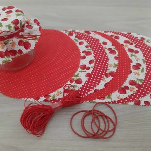 Befőttes tető szett - 8 db-os, eperkés és piros alapon pöttyös variációk (eper), Otthon & Életmód, Konyhafelszerelés, tálalás, Konyhai textil, Edényfogó & Edényfedő, Mindenmás, MESKA