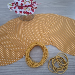 Befőttes tető szett - 10 db-os, napsárga pötyis (barack) - otthon & életmód - konyhafelszerelés, tálalás - konyhai textil - edényfogó & edényfedő - Meska.hu